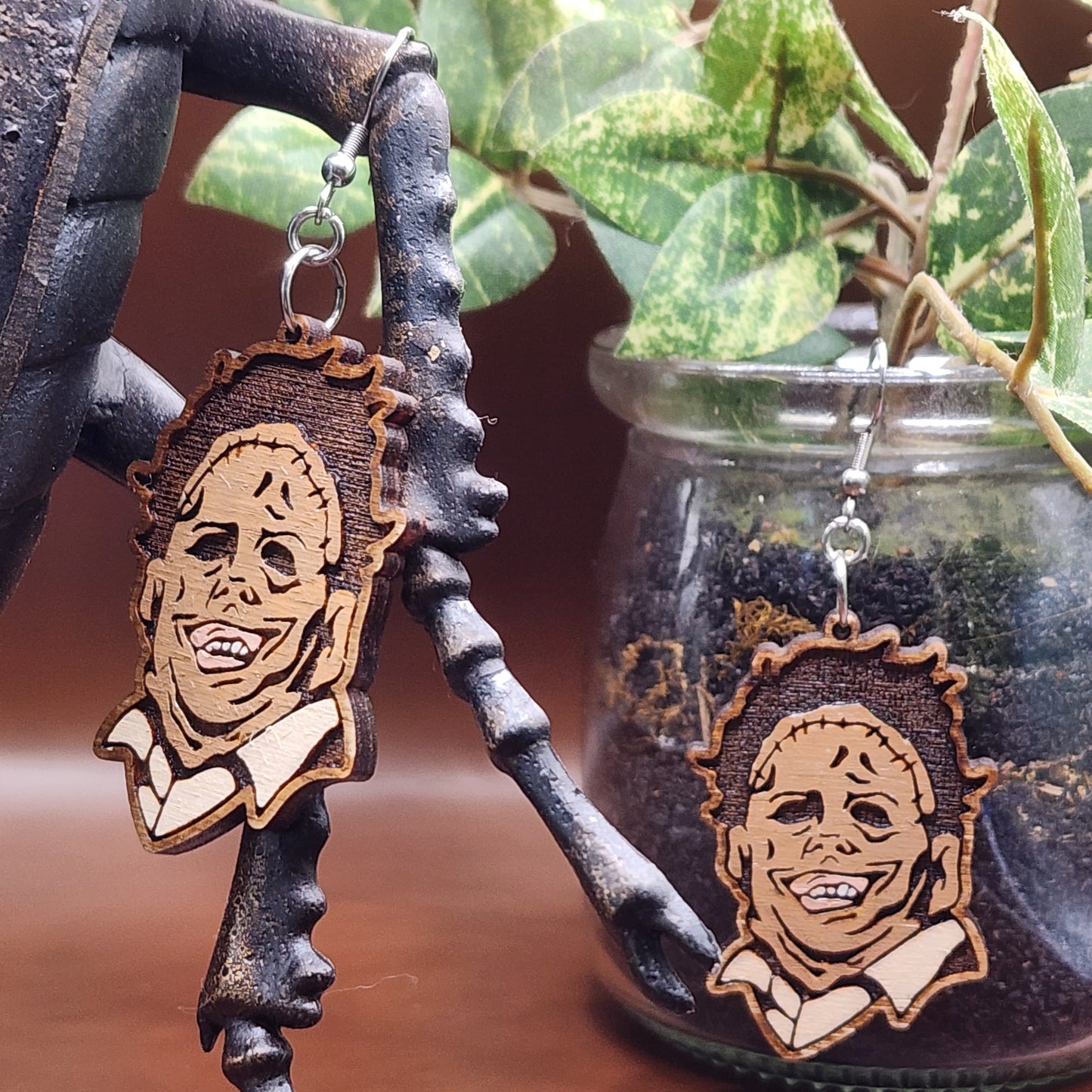 LeatherFace Carved Wood Earrings