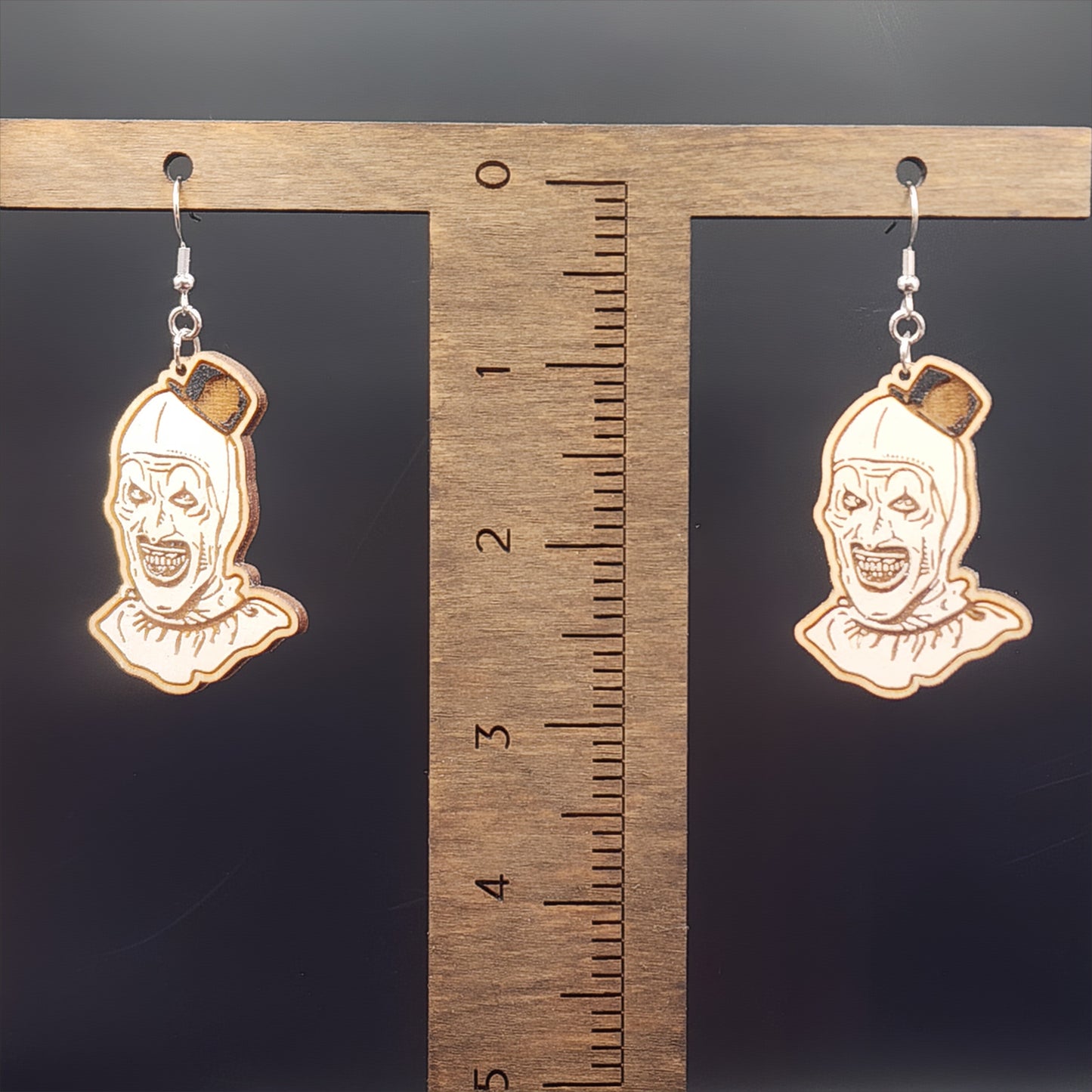 Terrifying Clown Carved Wooden Earrings