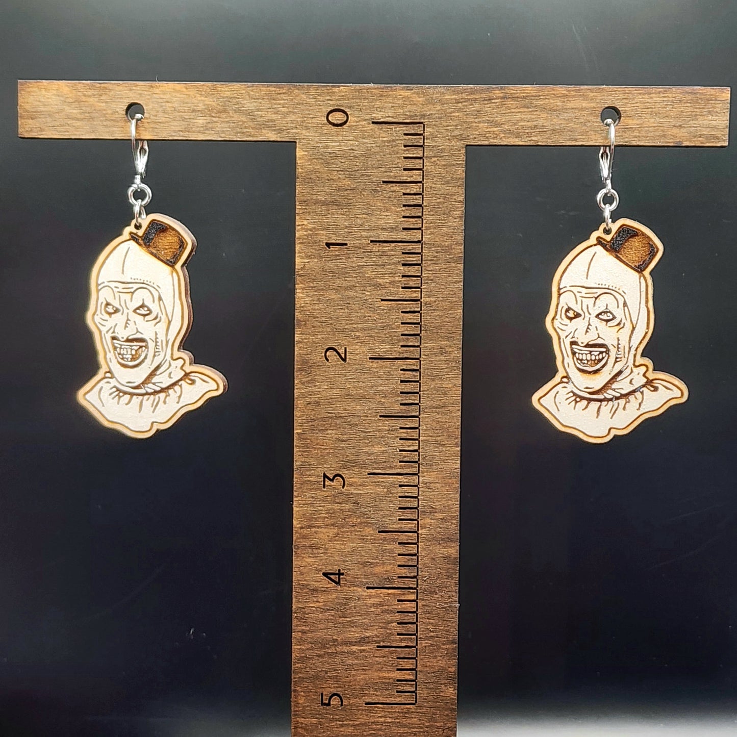 Terrifying Clown Carved Wooden Earrings