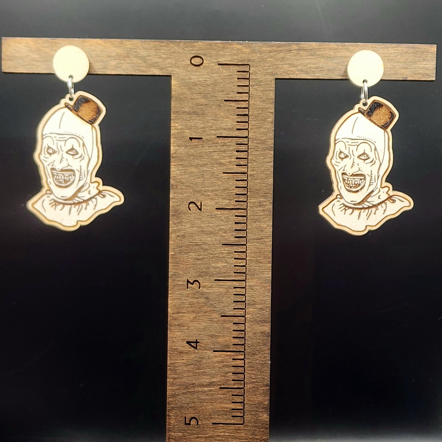 Terrifying Clown Carved Wooden Earrings