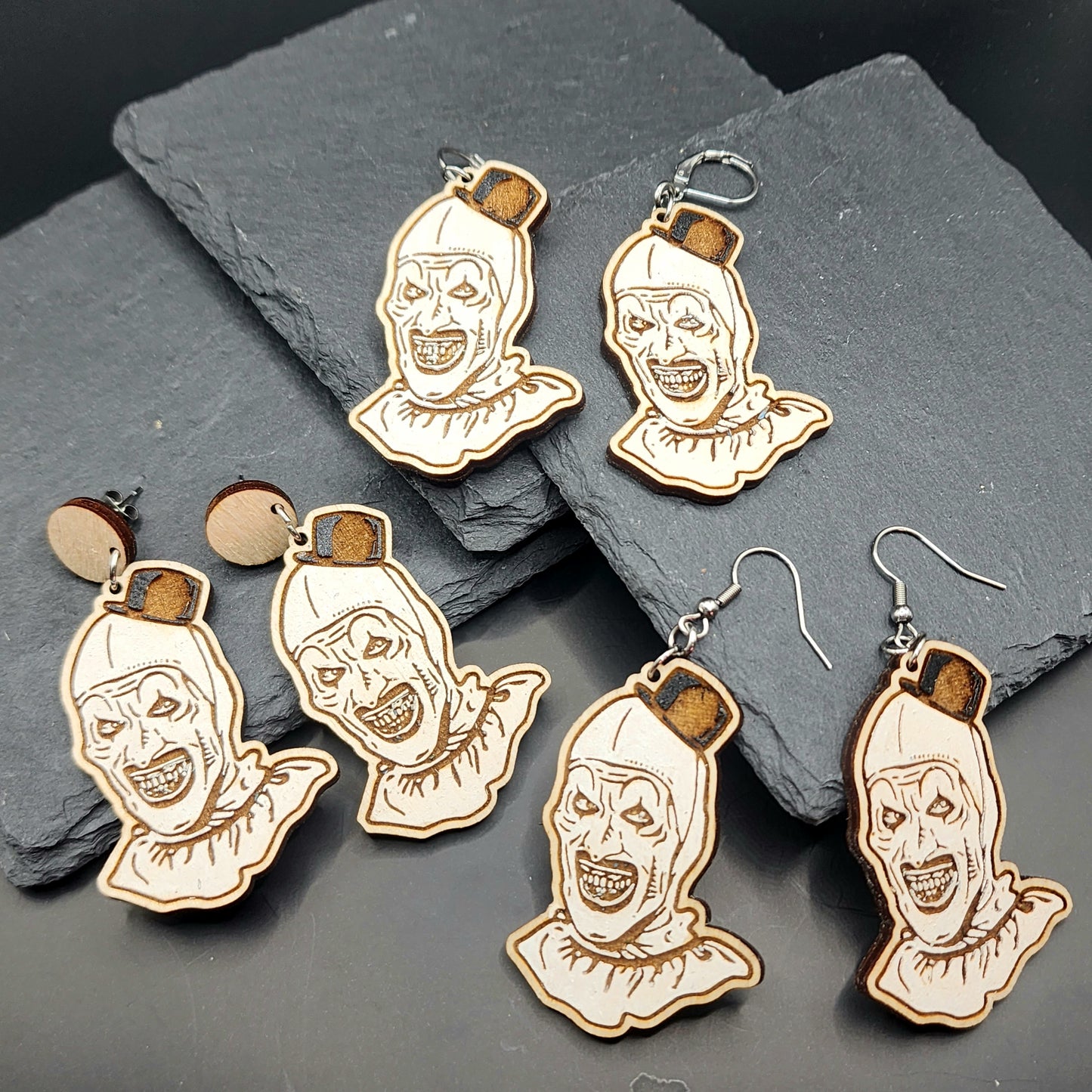 Terrifying Clown Carved Wooden Earrings