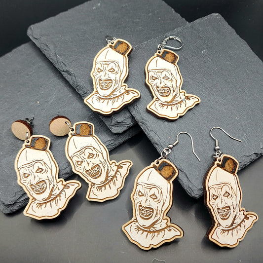 Terrifying Clown Carved Wooden Earrings