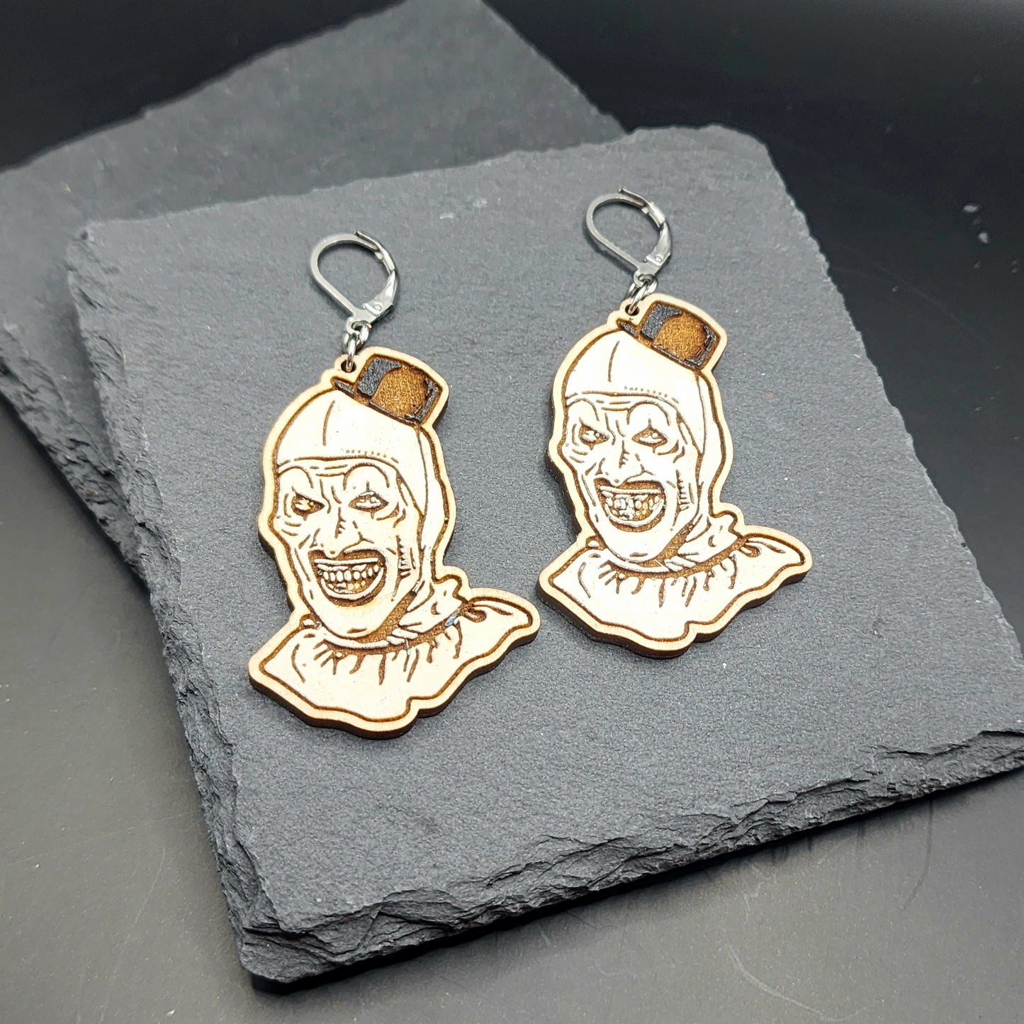 Terrifying Clown Carved Wooden Earrings