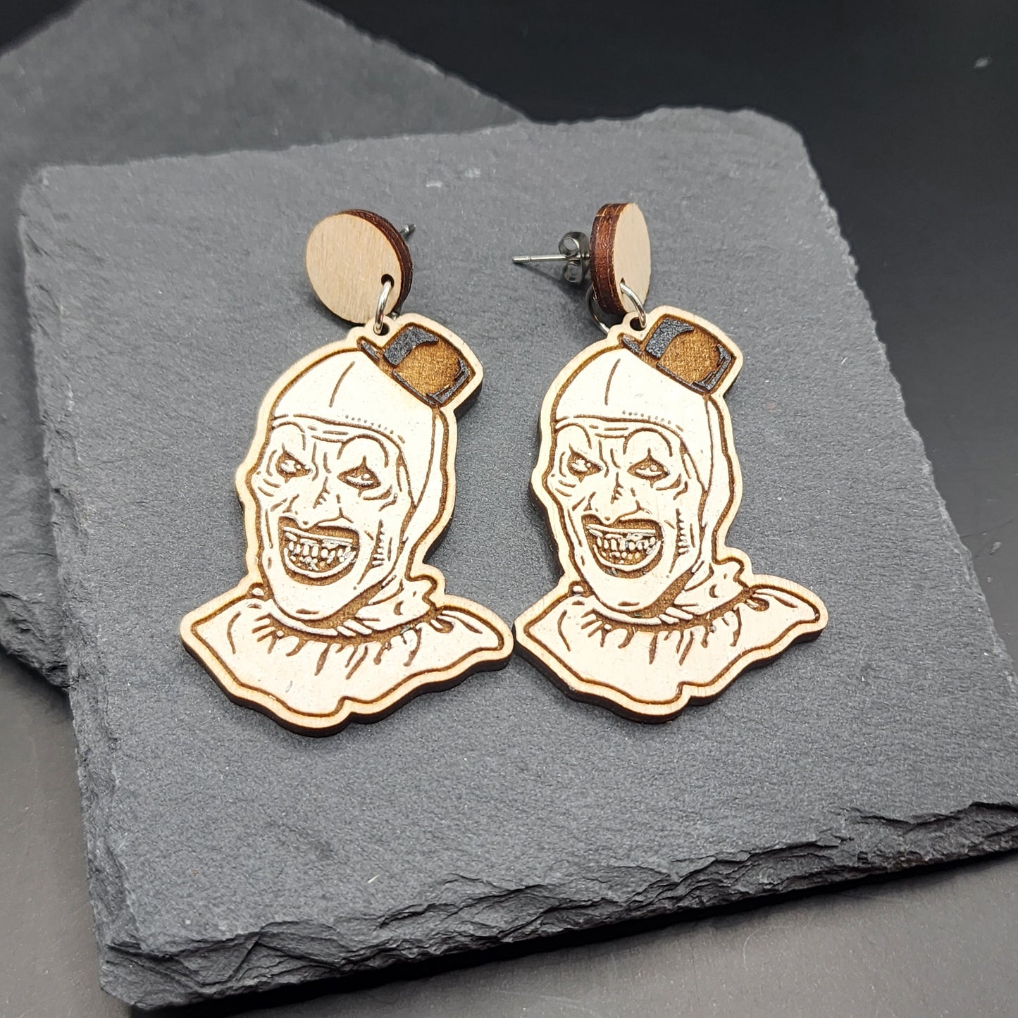 Terrifying Clown Carved Wooden Earrings