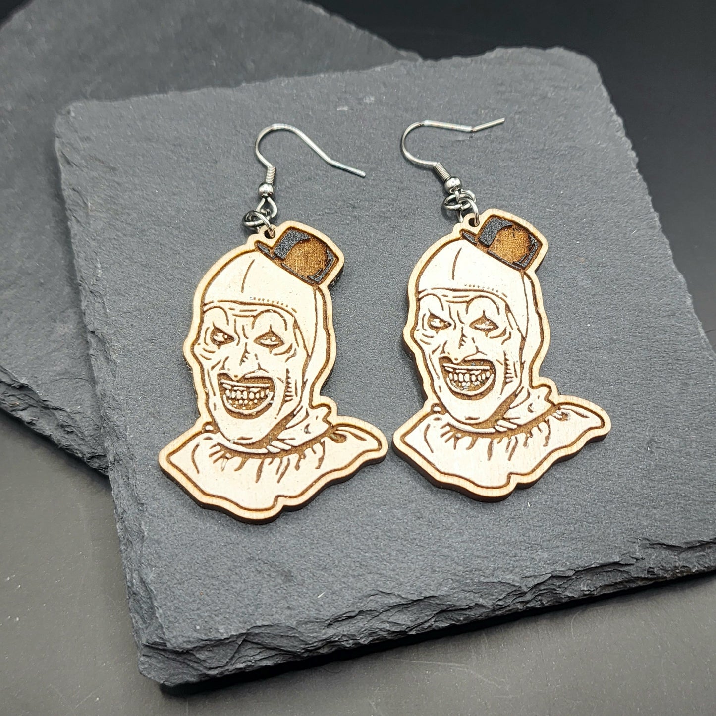 Terrifying Clown Carved Wooden Earrings